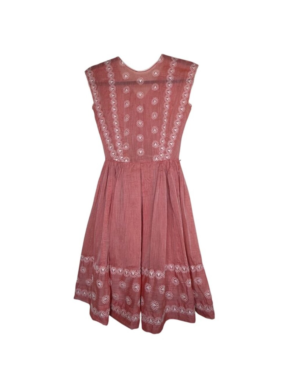 VTG Handmade Pink Sleeveless Midi Dress Embroidered Flowers & Sheer Overlay Sz S